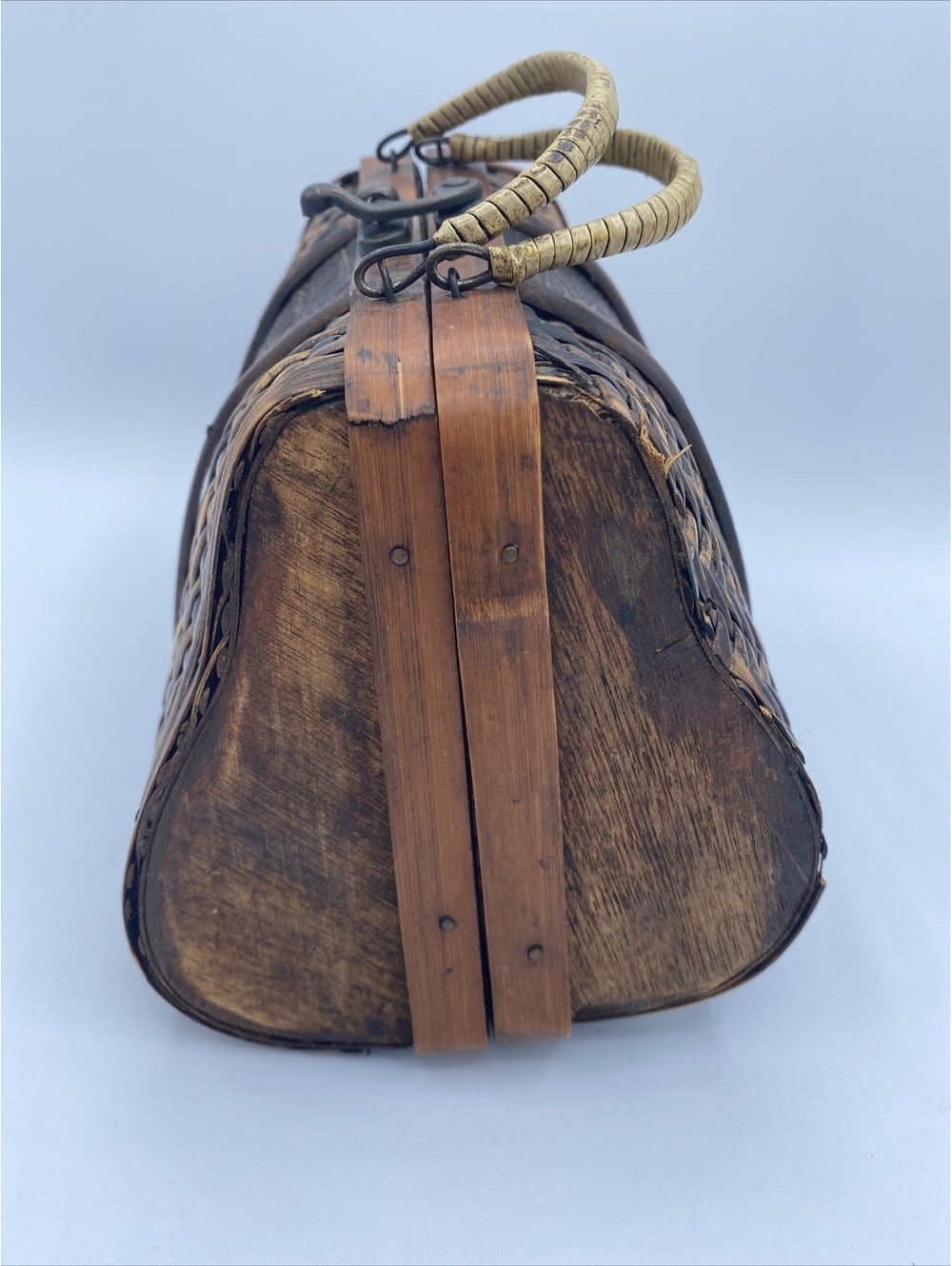Wood and Woven Bamboo Purse with Faux Reptile Insert and and Brass Latch - Picture 8 of 13